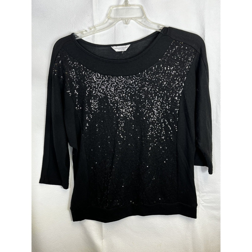 Christopher & Banks Woman's  Blouse Petite Lg Black Sequins 3/4 Sleeve  Shirt